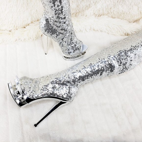 Silver Sequin Open Toe Thigh High Heel Boots - Picture 2 of 15